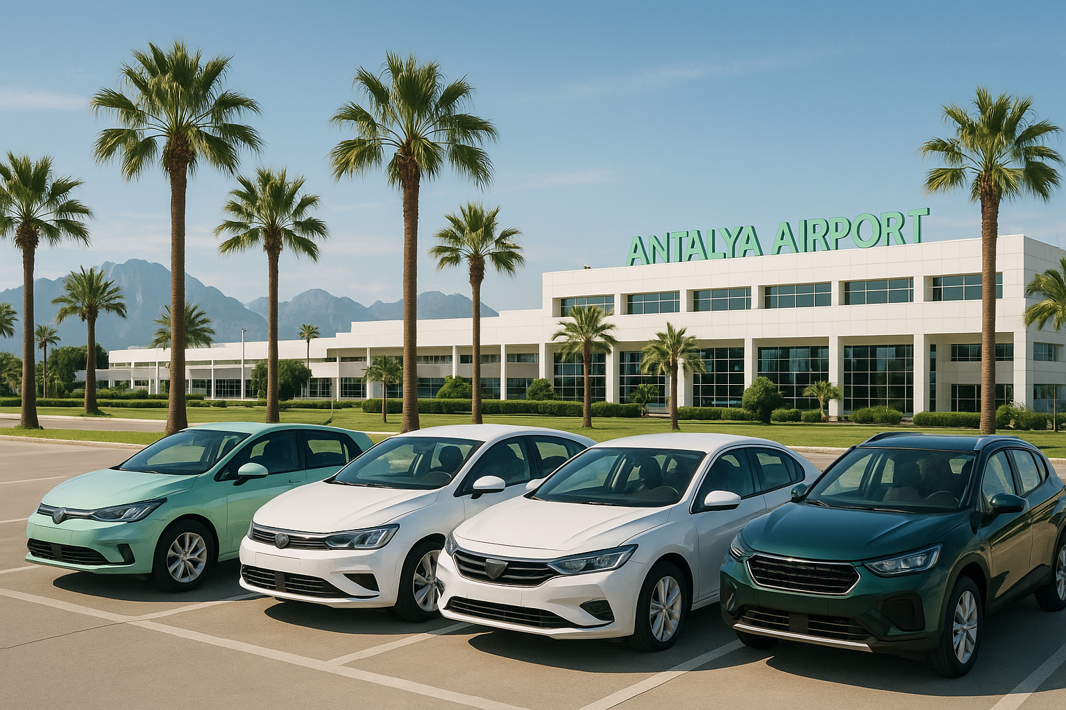 A welcoming image of Antalya Airport with rental cars.