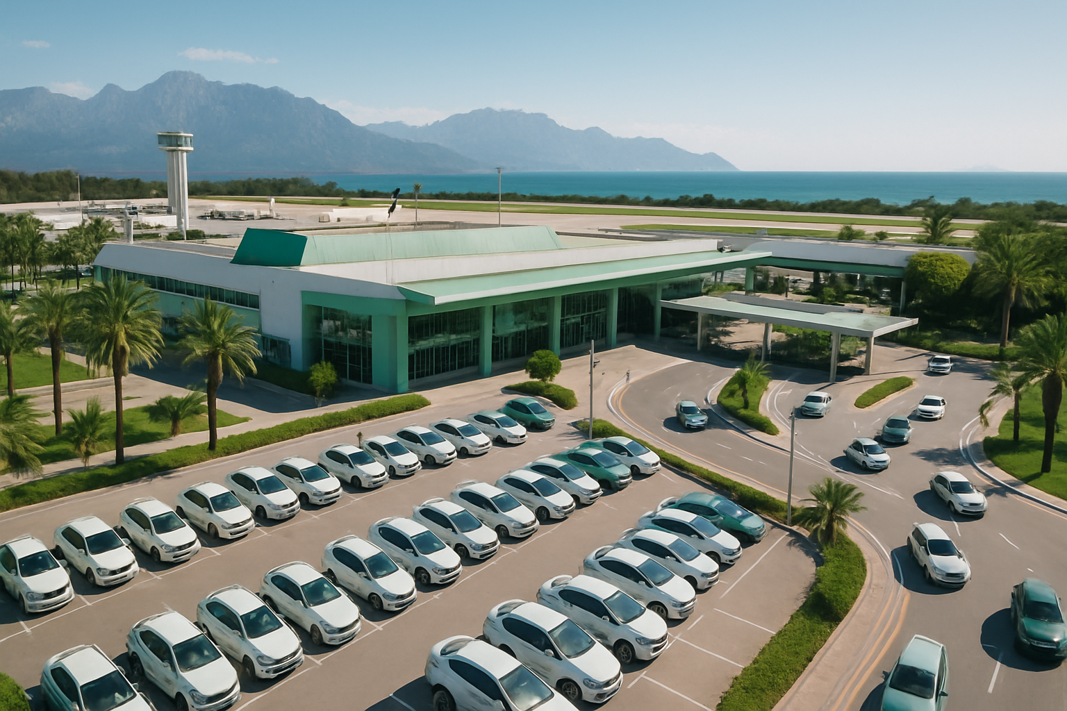 Aerial view of Antalya Airport with cars parked outside.
