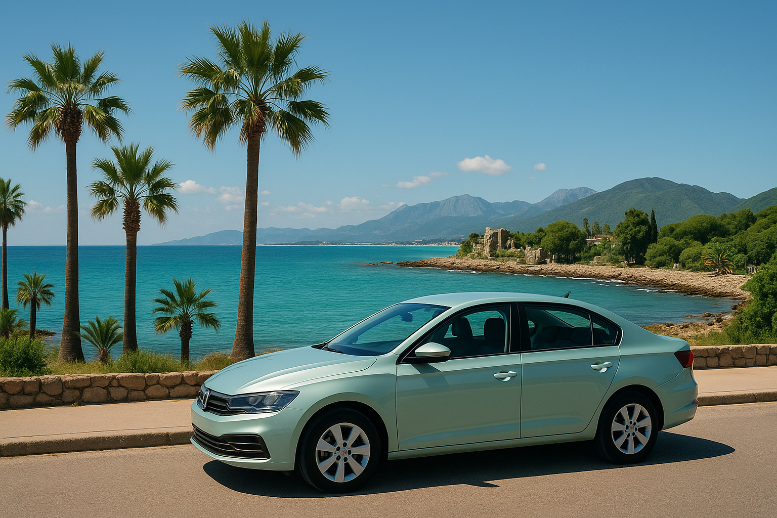 A scenic view of Side's coastline and a parked rental car.