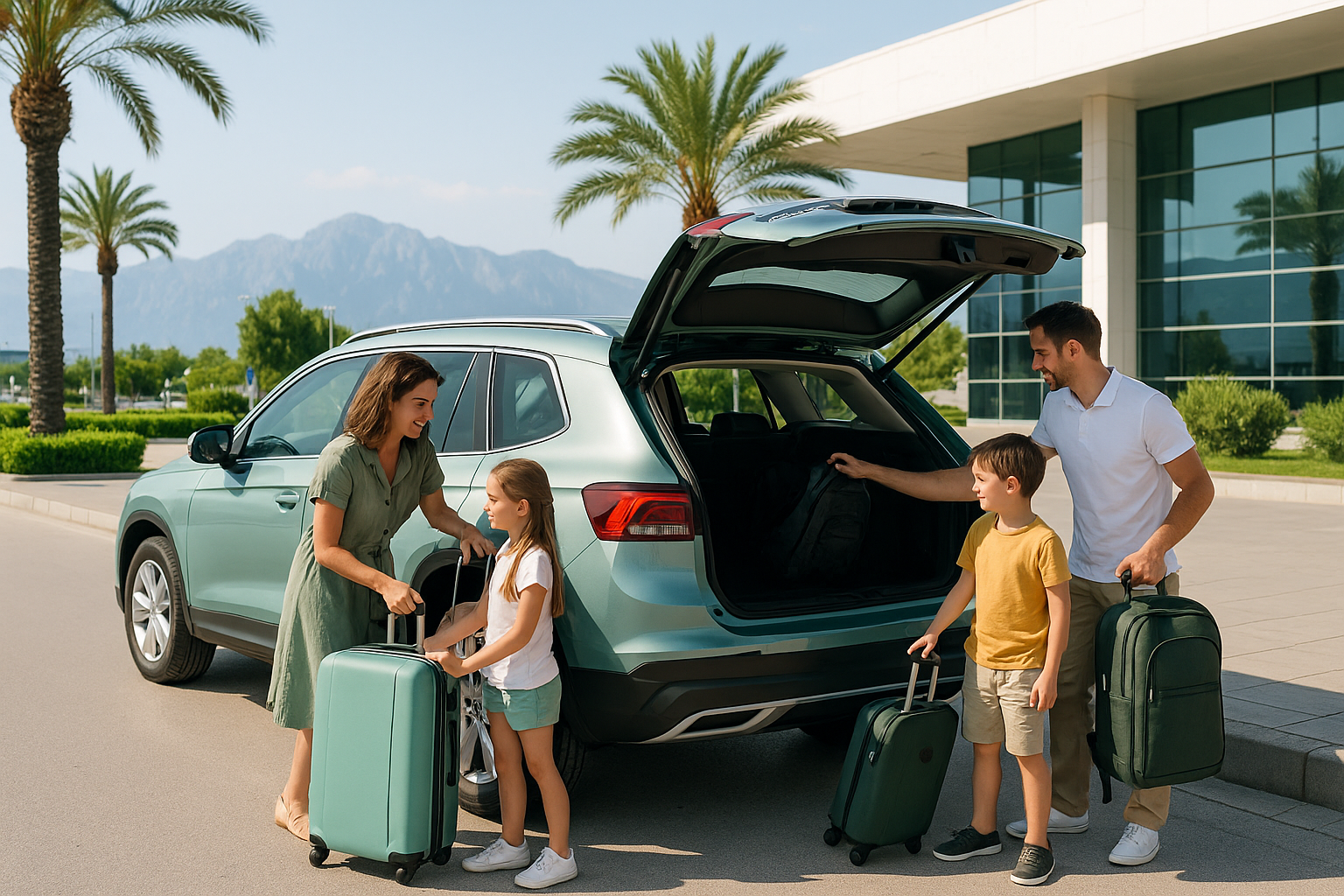 A family loading luggage into a spacious SUV at Antalya Airport.