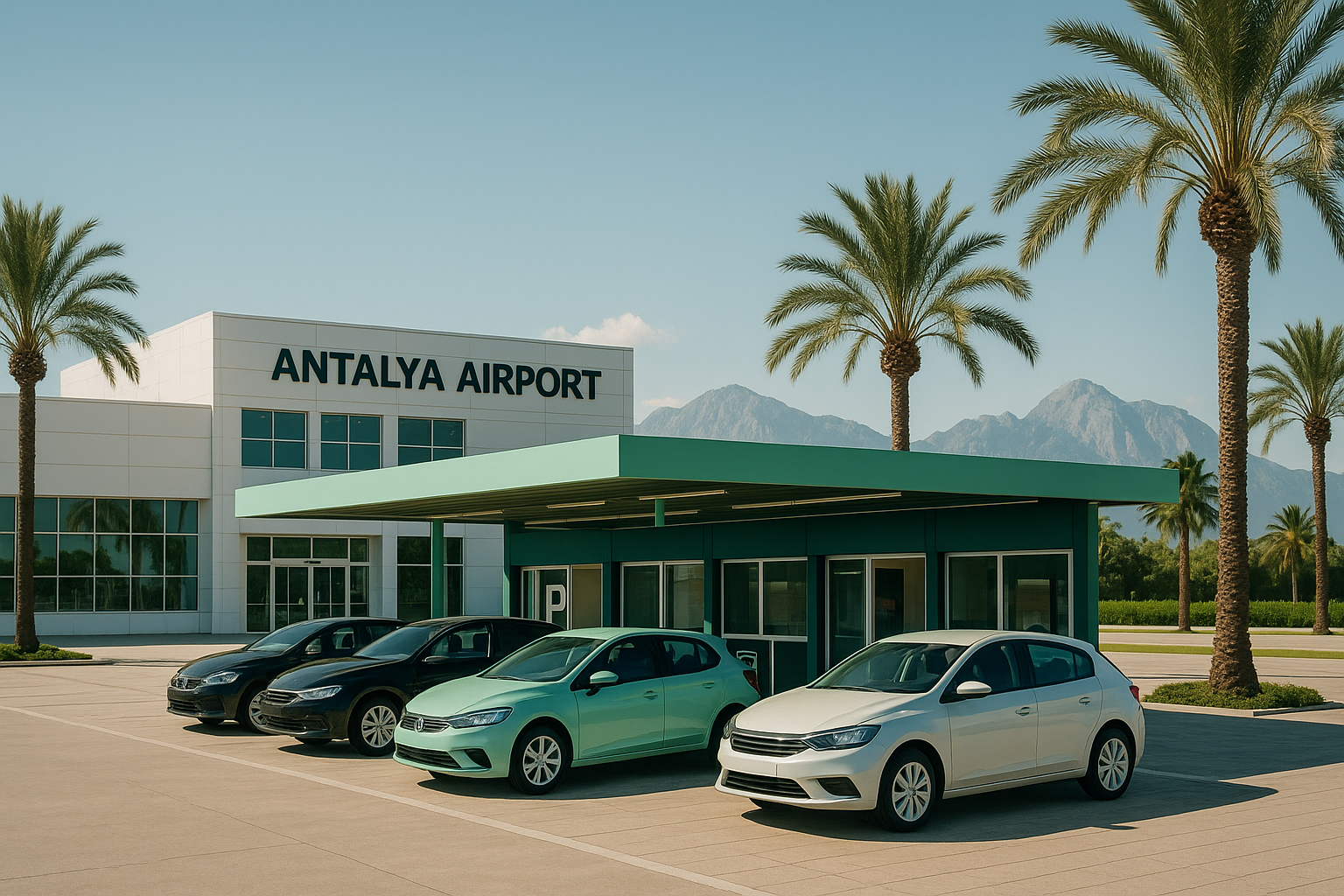 A welcoming view of Antalya Airport with rental car signs.