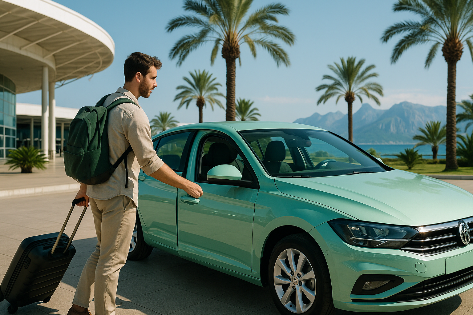 A traveler picking up a car at Antalya Airport.