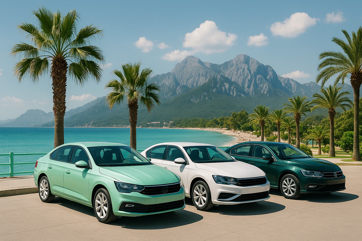 A scenic view of Kemer with rental cars parked near the beach.