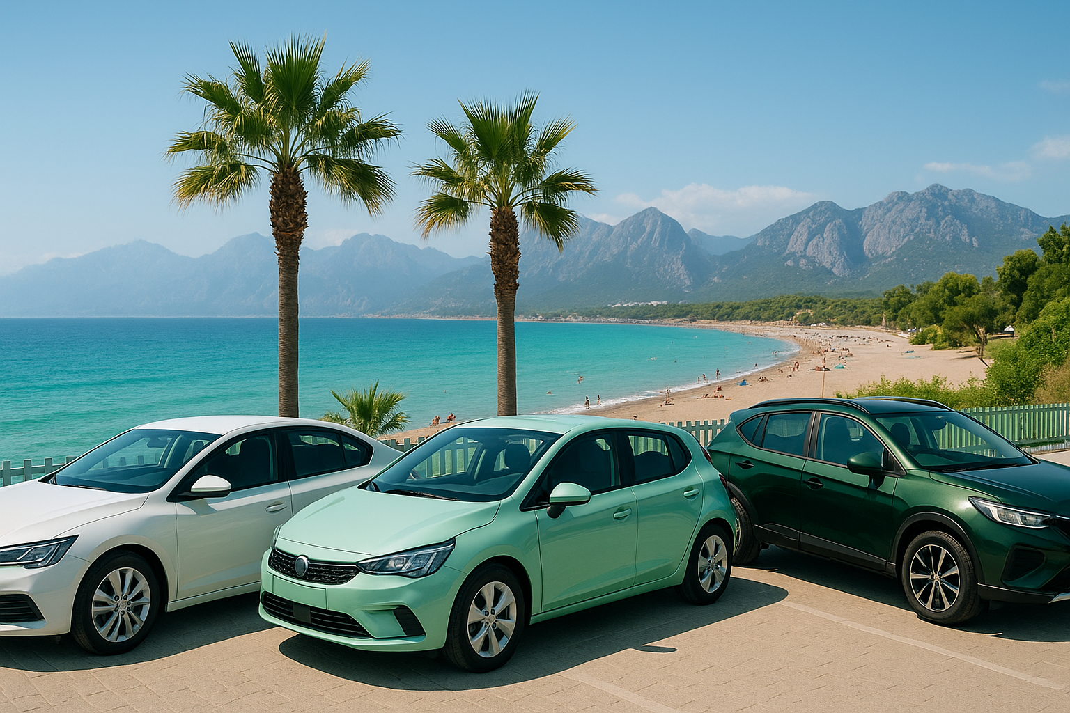 A scenic view of Lara beach with rental cars in the foreground.