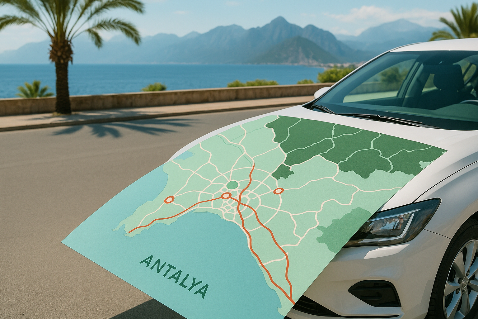 Map of Antalya highlighting key routes and tourist spots.