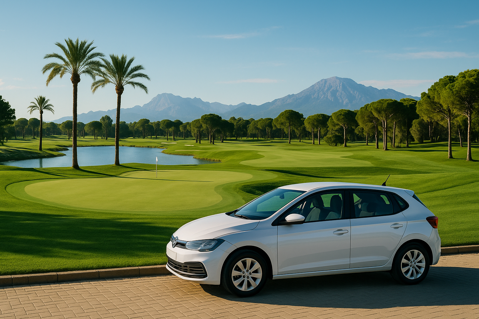 A scenic view of a golf course in Belek with a car parked nearby.