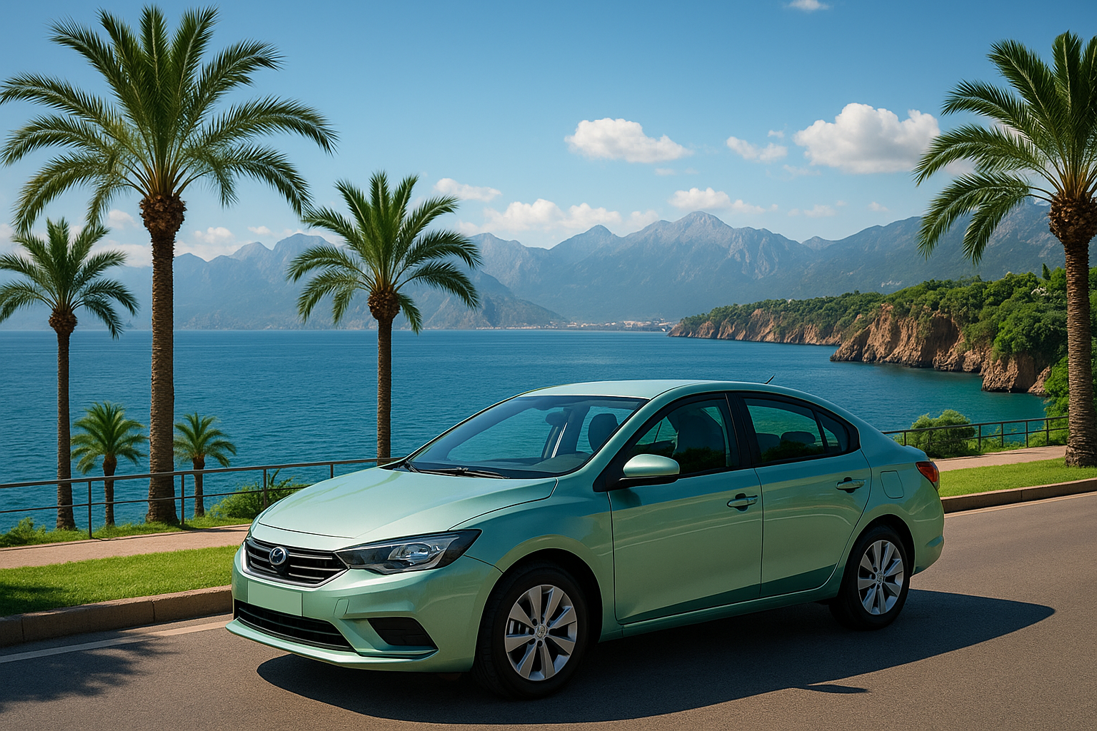 A scenic view of Antalya's coastline with a rental car on the road.
